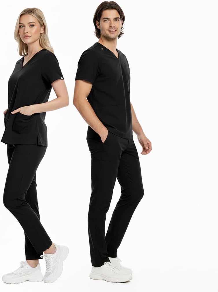 Scrub Suit Set Short Sleeve Unisex V Neck Top with 2 Pockets Straight Leg Pants with Waist Medical Uniform DK86