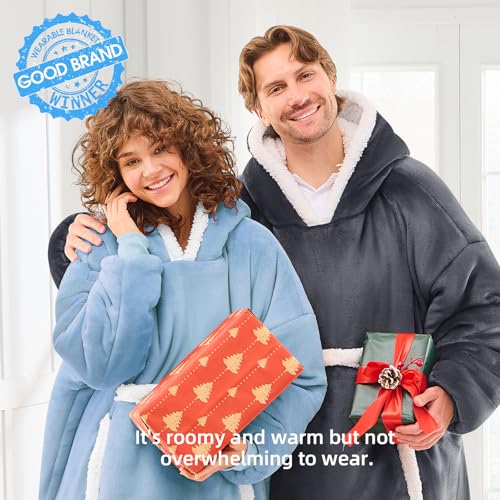 JOYWOO Wearable Blanket Hoodie,Oversized Cat Lovers Sweatshirt Blanket for Adult & Teens, Birthday Gifts for Women Men Mom Girl Boys,Cozy Sherpa Fuzzy Blanket Giant Pocket Gifts,Denim blue Small