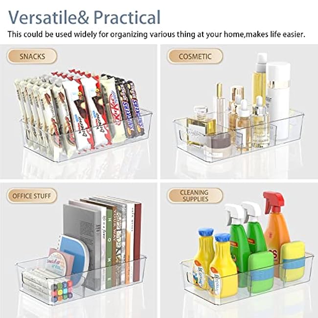 Clear Plastic Food Storage Organizer Bins,8 Pack Pantry Organizations and Storage Bins with Removable Dividers, Stackable Refrigerator Organizer Bins Fridge Organizers Kitchen Cabinet Organizers