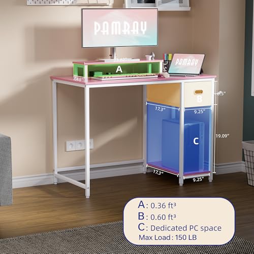 Image of Pamray 39 Inch Computer Desk with Monitor Stand Small Home Office Desks with Non-Woven Storage Drawer for Bedroom Study Table Writing and Work Desk Pink