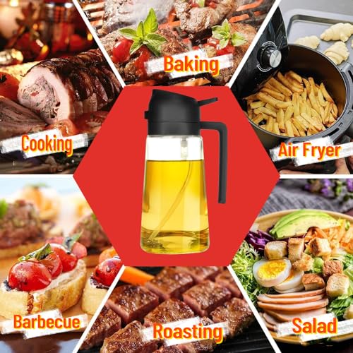 Spruzzatore per olio 2 in 1, 500 ml, flacone spray per olio da cucina, bottiglia d'olio e spruzzatore, spray per olio d'oliva, dispenser per aceto, per cucinare, cuocere, grigliare e insalata, - immagine 6