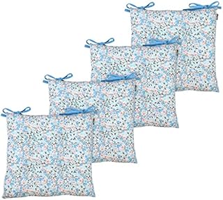 Set of 4 Seat Pads Indoor Tie-On Blue & White Pea Floral Print Dining Chair Cushions
