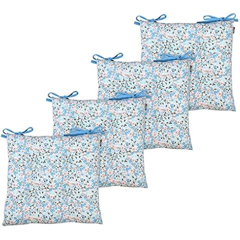 Set of 4 Seat Pads Indoor Tie-On Blue & White Pea Floral Print Dining Chair Cushions Cover