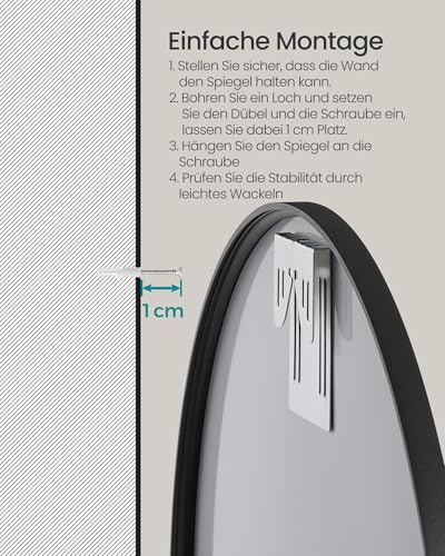 SONGMICS 50 cm d Spiegel rund, runder Spiegel, Wandspiegel, Metallrahmen, einfache Montage, modern, für Bad, Wohnzimmer, Schlafzimmer, Flur, Eingangsbereich, tintenschwarz LWM101BD03
