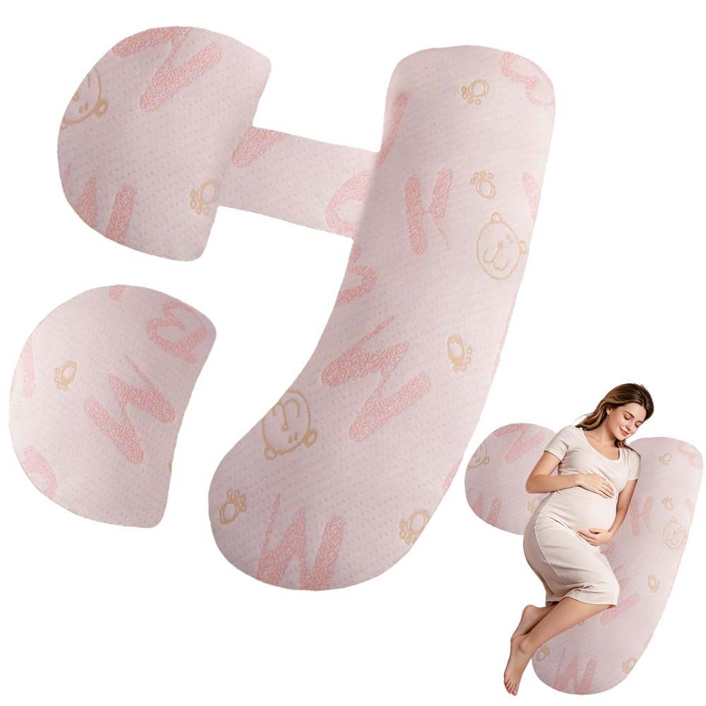 Almohada de embarazo ajustable, almohada de embarazo para dormir, almohada de embarazo de espuma viscoelástica para abdomen, espalda, ajustable y portátil para dormir de lado (oso rosa)