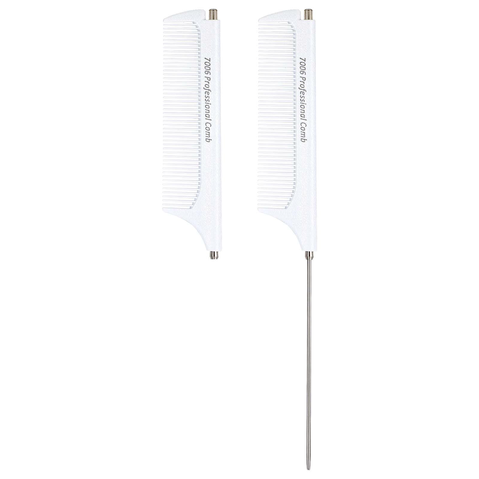 Mabor Retractable Rat Tail Comb for Parting, Portable Pocket Fine Tooth Teasing Comb for Styling, Cutting, Braiding - Stainless Steel Pin Tail - White
