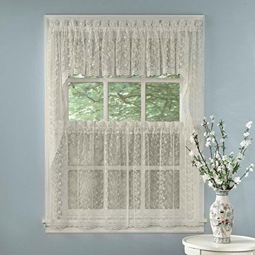 Image of Kitchen Curtains for Windows 40+ Styles & Colors Swag, Valance, Tier Sets & Panels Cafe Curtains for Farmhouse, Rustic, Modern Decor, Priscilla Ivory, 24 inch Tier Valance Set