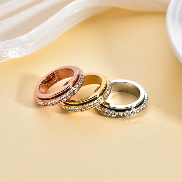 ChungLong0593 Titanium Steel Spinner Ring, Cubic Zirconia Eternity Band Fidget Ring for Women Men, Rotatable Anxiety Relief Ring with Sizes 5-12, Fashion Jewelry Gift for Her Him (Rose Gold, 12) by ChungLong0593 - Used condition - Image 3