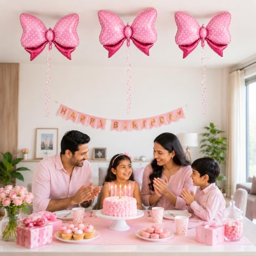 Image of Pack of 3 Pink Bow Foil Balloons for Birhtday Decoration