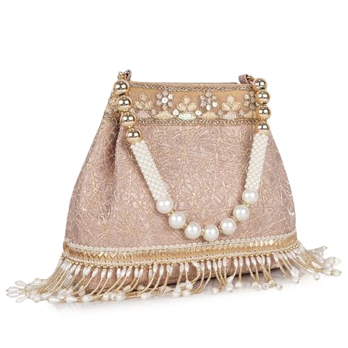 Image of Nevis PU Silk Fabric Women's Embellished Potli Bag with Pearl Handle & Fringe Detailing | Designe Wedding & Festive Handbag