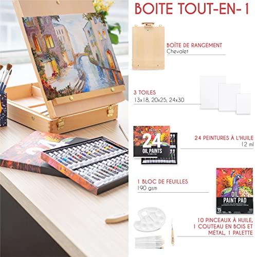 Coffret Peinture à l’Huile Artiste avec Boite Chevalet - 24 Tubes de Peinture à l’Huile,10 Pinceaux,1 Couteau pour Peinture,3 Toiles,Bloc de Peinture et 1 Palette-Cadeau - Image 3