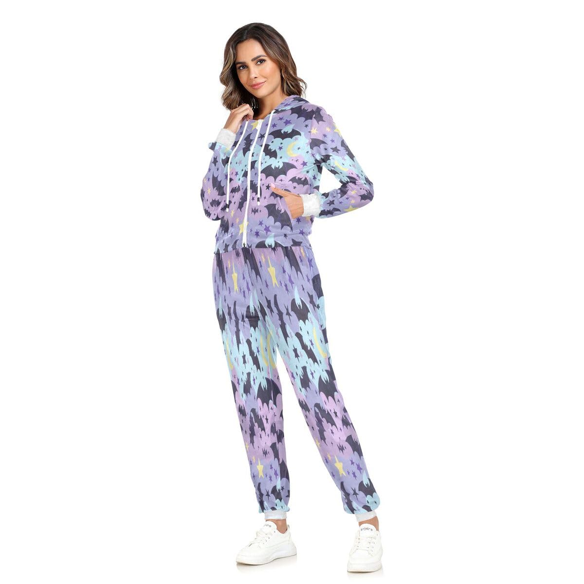 Conjunto deportivo de 2 piezas para mujer, diseño de murciélagos y estrellas, conjunto deportivo de manga larga para Halloween