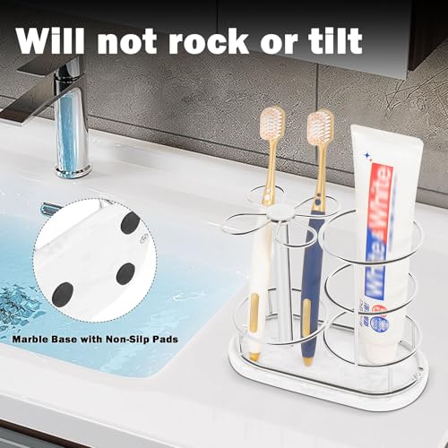 Image of Toothbrush Holder Stand for Bathroom, Metal Toothbrush Organizer with Marble Base, Toothbrush Storage Collection for Family, Suitable for Home Hotel Countertop Vanity (Medium, Chrome Finish)