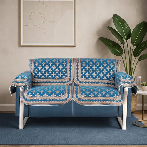 Image of Premium Chenille Woven Anti-Slip 2 Seater Sofa Cover with Arm Rest | L-Shape Sofa Seat Protector for Living Room | Durable & Stylish Slipcover - Turquoise - Floral