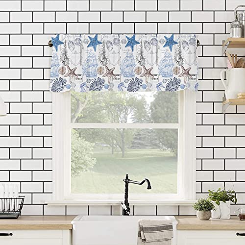 Yun Nist Coastal Curtain Valance For Windows,Nautical Starfish Blue Seaweed Window Toppers Valances,Underwater World Pocket Window Treatment Short Curtains For Kitchen Bathroom Bedroom 54X18In #TOP3