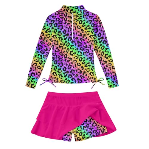 Image of Vogseek 3-12T Girls Swimsuit Long Sleeve Rashguard Bathing Suits Swim Set | Quick Dry, UPF 50+ Sun Protection, Swimming Skirt, Boyshorts, Zipper Two Piece Long Sleeve Swimsuits, Adjustable Drawstring