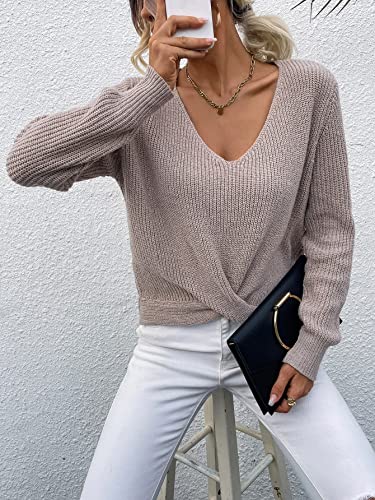 Sweatyrocks Women's Long Sleeve Twist Front Sweater V Neck Drop Shoulder Cut Out Back Knitwear Khaki L #TOP4