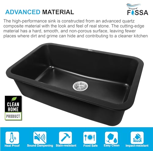 Image of Fossa 10-Year Warranty 31 inchx19 inchx9.5 inch Pure Quartz Kitchen Sink Single Bowl with Basket, Round Coupling, Waste Pipe Black (Matte Finish)