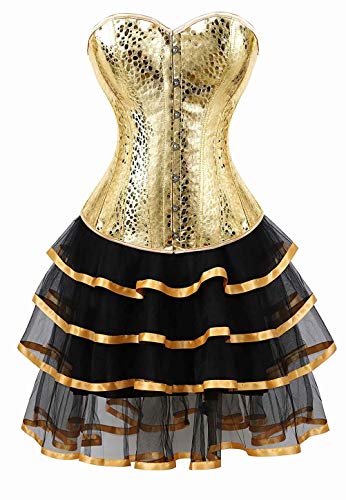 Korsett Leder Kleider Corsage Tutu korsettkleid Rock Spitze Burlesque große größe Damen Frauen kostüm Gold L Cover