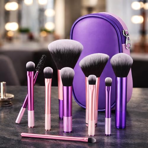 Kit 10 Pincéis de Maquiagem Profissionais com Estojo Portátil – Cerdas Macias Alta Precisão, Acabamento Uniforme, Travel Size Ideal para Uso Diário – Rosa e Roxo