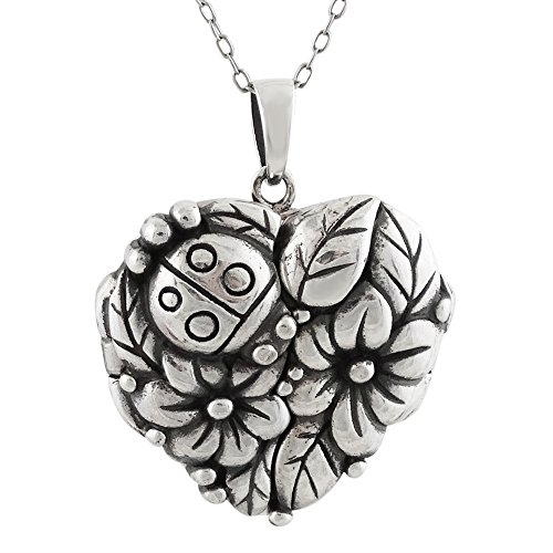 FashionJunkie4Life Sterling Silver Ladybug Flower Heart Keepsake Locket Necklace, 18