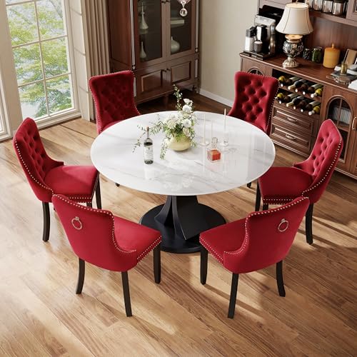 Image of 7-Piece Dining Table Set with 47In Faux Marble Table and 6 Velvet Upholstered Chairs, Modern Scandinavian Furniture for Dining Room Kitchen(Burgundy)