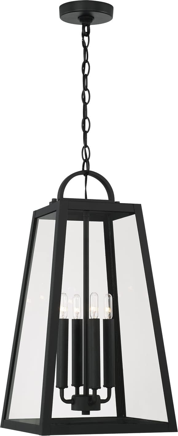 Capital Lighting 943744BK Leighton Sleek Modern Lines Clear Glass Outdoor Pendant Hanging Lantern, 4-Light 240 Total Watts, 23" H x 12" W, Black