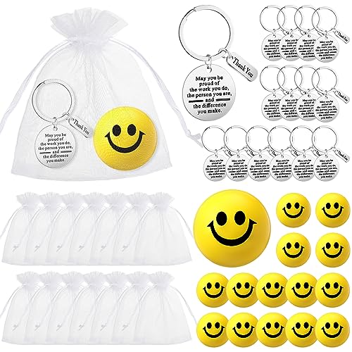 Jenaai 25 Sets Employee Stress Relief Gifts Smile Face Stress Balls Mini Foam Balls Keychain Organza Bag Team Employee Appreciation Gift for Staff Coworker Teacher Housekeeping Week