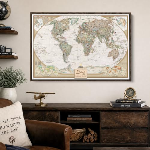 Image of Executive World Push Pin Map - National Geographic Antique Style Canvas Travel Tracker - Extra Large Framed Wall Decor - Brown Float Frame - 34 inch x 51 inch