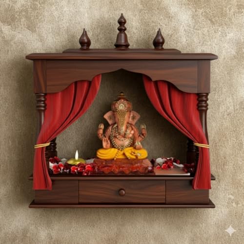 Image of MISAN Wooden Wall Mounted Temple, Traditional Indian Style, Sheesham Wood,Sheesham Wood Pooja Mandir for Home (H-Walnut)