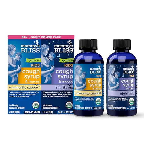 Image of Mommy's Bliss Organic Cough Syrup & Mucus for Kids, Day and Night Combo Pack with Elderberry, Vitamin C and Immunity Support, Contains Organic Honey & Ivy Leaf, 4 Fl Oz (Pack of 2)