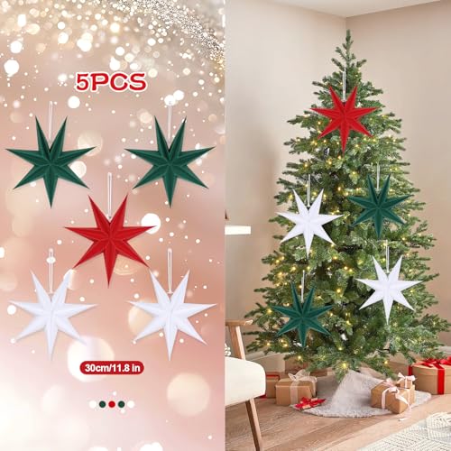 Image of 12 Inches 5 PCS Red Green White Paper Star Lanterns Hanging Stars Christmas Party Decorations Hanging Lampshade Christmas Wedding Birthday Christmas Home Party Decorations(7 Pointed)