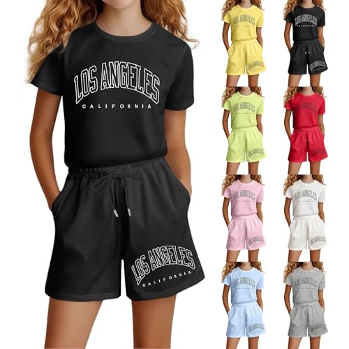 Girl's 2 Piece Outfits California Letter Print Graphic T Shirts and Elastic Waist Shorts Casual Summer Clothing Sets 3-14T4