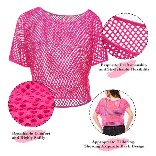 80s Fancy Fishnet Top for Women Neon Mesh Top Off the Shoulder T-shirt 1980s Retro Theme Party Costume Accessories Cosplay - Image 4