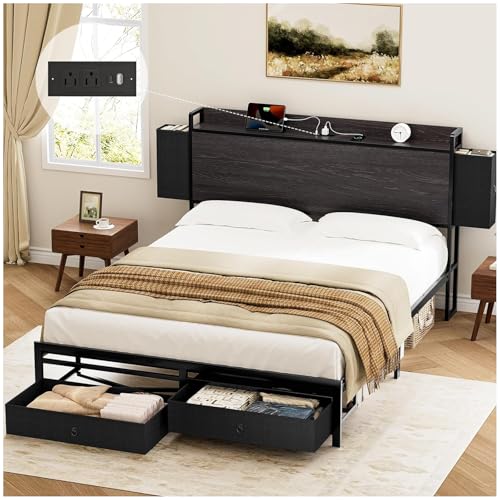 La Mejor Lista de Cama Matrimonial Walmart - los más vendidos. 48 HOMELYA Base Cama Matrimonial - Cabecera con 4 Cajones y Espacio Debajo de la Cama - 2 Salidas de CA y 1 USB, 1 Tipo C - Plataforma de Metal Antideslizante sin Ruido