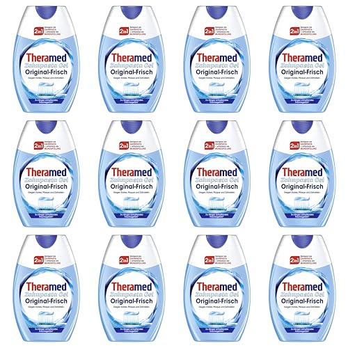 Theramed Pasta de dientes 2 en 1 original, pasta dental con flúor, refresca el aliento y protege los dientes, paquete múltiple de pasta de dientes de 75 ml (paquete de 12)