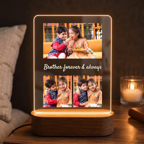 Image of Giftplease Personalized Custom Photo Acrylic Night Light - Engraved Led Picture Lamp with Wooden Base, Multi-Photo Collage Table Lamp, Custom Brother Forever Gift for Birthday, Anniversary, Rakhi