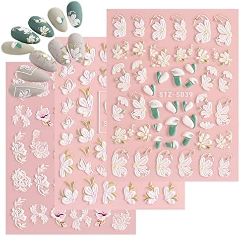 White Flower Nail Stickers Cute Nail Art Stickers Summer 5D Embossed Nail Decals for Nail Art Designs Exquisite Nail Decorations Accessory for Women Luxury Nail Sticker 3 Sheets