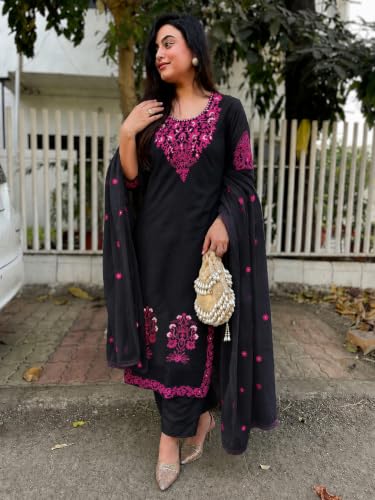 Image of GoSriKi Kurta Sets for Women Viscose Embroidered | Kurta Pant Dupatta Set | Straight Kurti Set for Women | Round Neck 3 /4 Sleeve Ethnic Suit | Designer Indian Kurti Outfit with Pants