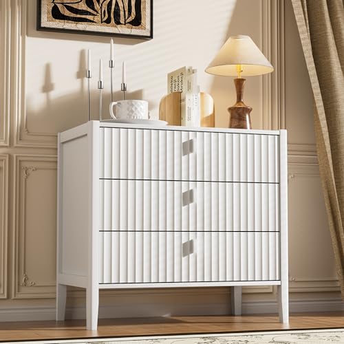 Image of Furniway Nightstand Set of 2, Modern End Table with Solid Wood Legs, Bedside Table with 3 Drawers and Metal Handles for Bedroom, White