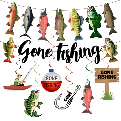 Fishing Birthday Party Decorations, Gone Fishing Banner and Hanging Swirl Set Fish Decor for Camping or Lake Themed