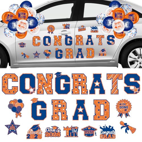 45pcs 2026 Graduation Car Magnets Balloons Decorations Blue Orange Grad 2026 Graduation Fridge Magnets Cruise Door Magnetic Stickers Class of 2026 Graduation Car Parade Decorations