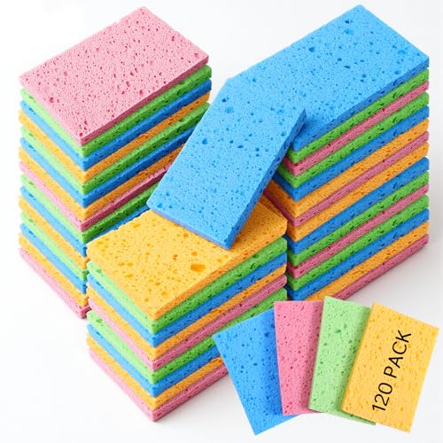 120 Pcs Kitchen Sponge Bulk Compressed Cleaning Scrub Colored Sponge, Natural Sponges Wood Pulp Sponges for Dishes for Kitchen Bathroom Cars(4.3'x2.7'x0.4')