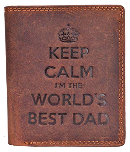 STARHIDE Man Brown Leather Wallet RFID Card Blocking ID Protection - Keep Calm I'm The Worlds Best Dad - Real Distressed Hunter Leather Gents Wallet Best Gift For Him 705-BRN