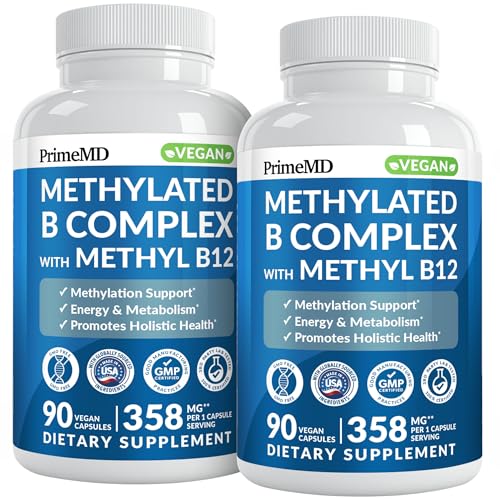 Methylated B Complex with Methylfolate and B12 Methylcobalamin 1000 mcg - Methylated Multivitamin for Energy Brain Function and Wellness - Vitamin B Complex for Men & Women (180 Servings Pack of 2)