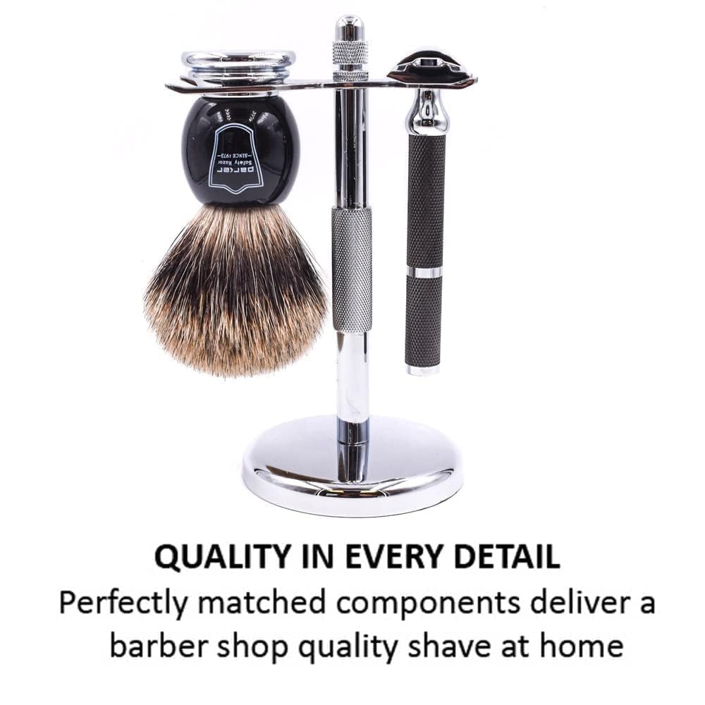 Parker zestaw do golenia 71R Deluxe Pędzel z czystą szybkością, chromowany uchwyt, maszynka do golenia Parker Double Edge i 5 wkładów do żyletek Parker Premium Double Edge