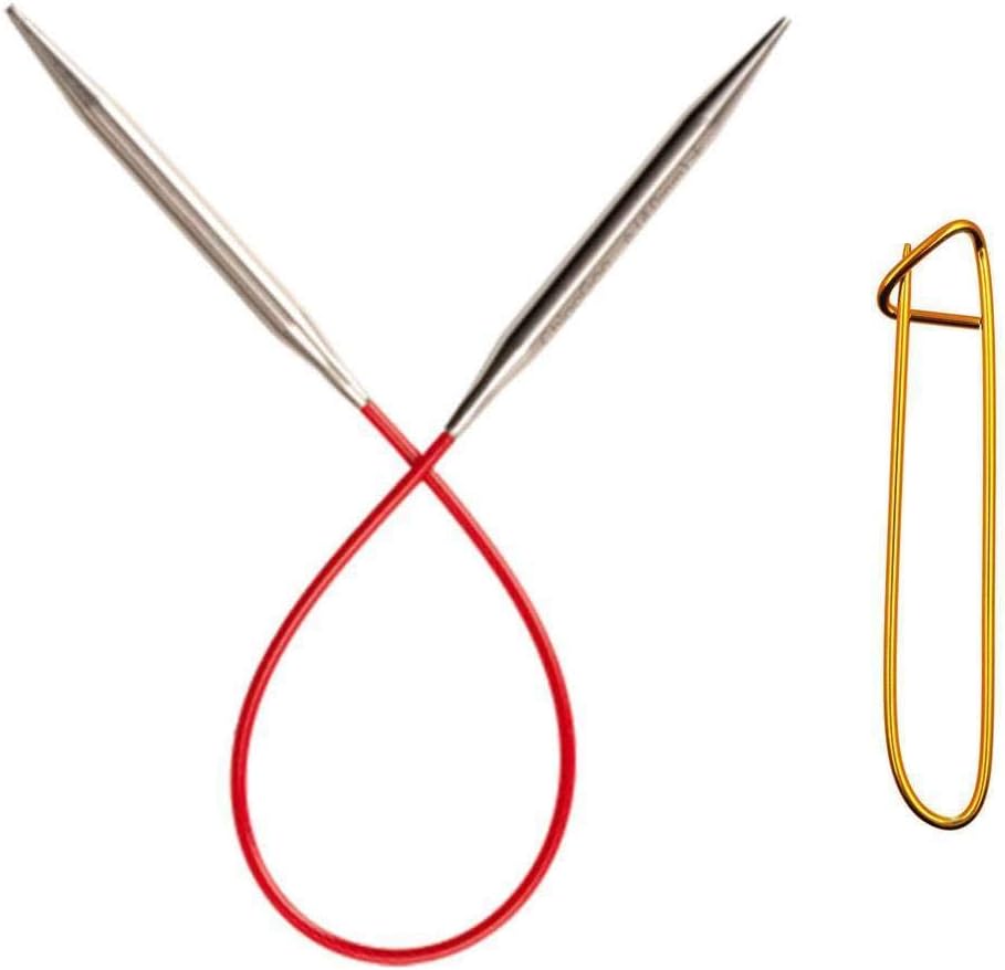 Knitting Needles Red Circular 9 inch (23cm) Stainless Steel Size US 4 (3.5mm) Bundle with 1 Artsiga Crafts Stitch Holder 6009-4