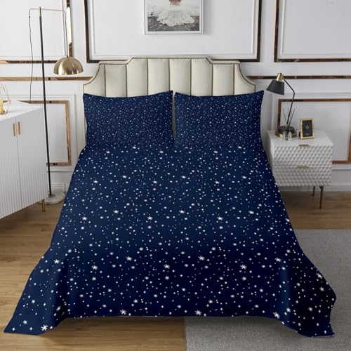 Galaxy Lightweight Quilt Set for Kids Teens,White Stars Print Bedspread Coverlet,Navy Blue Bedding Set Decorative Quilted 3 Pieces with 2 Pillowcases,Queen Size