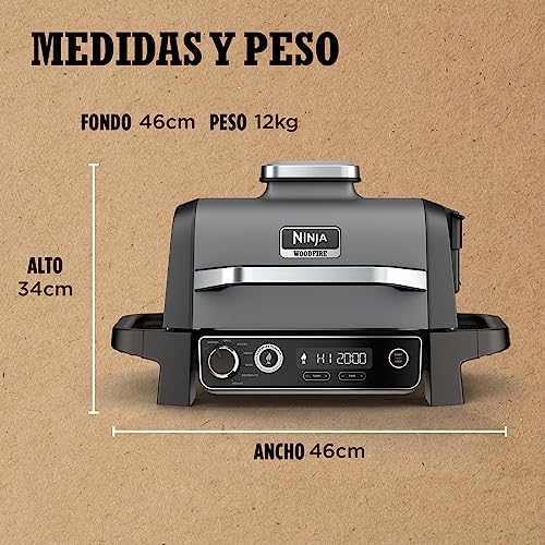 Ninja Woodfire Parrilla eléctrica de exterior y freídora de aire, 7 en 1, Air Fry, Smoke, Roast, Bake y otras funciones, resistente a la intemperie, antiadherente, portátil, gris/negro, OG701EU - imagen 5