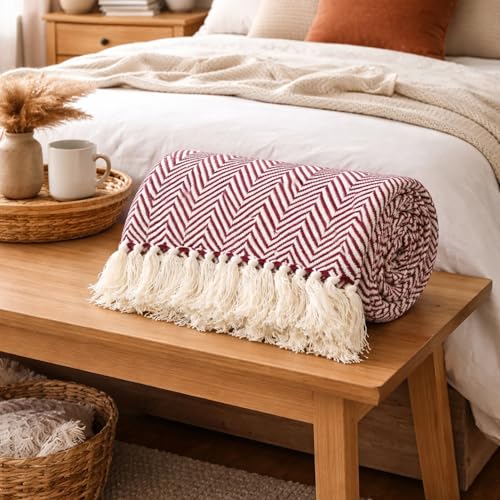 Image of Chevron 60x50 Inch Reversible Cotton Throw Blanket with Tassels| Blanket for Living Room, Sofa, Bed, Chair, Picnic & Used for Gift | Wine Maroon Wide Chevron, Size 150x125 cm